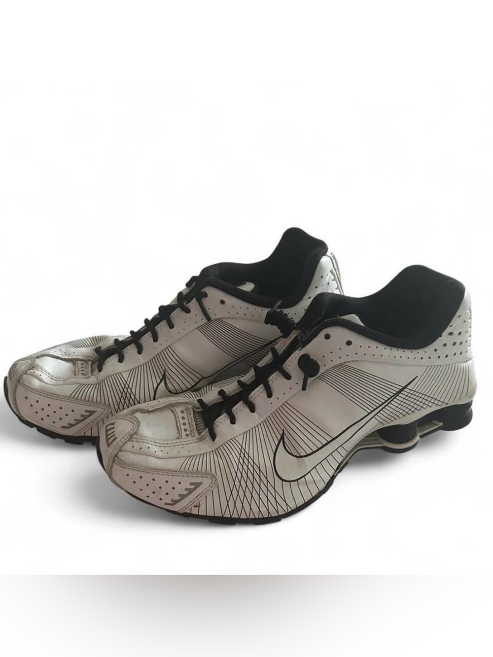 Nike Shox R4 sneakers in a white colorway with black accents. - Picture 4 of 6